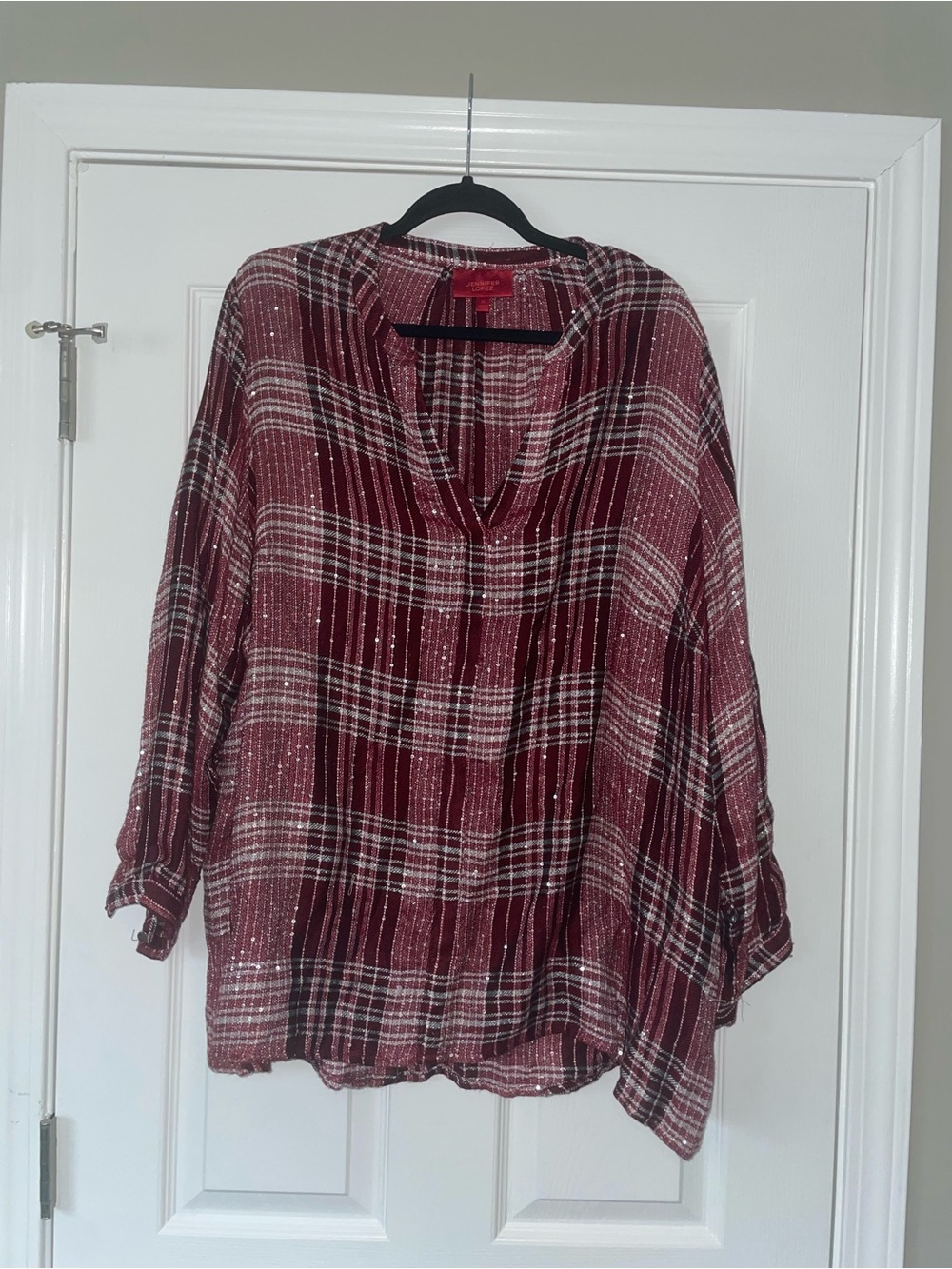 Jennifer Lopez Burgundy Plaid V-Neck Tunic